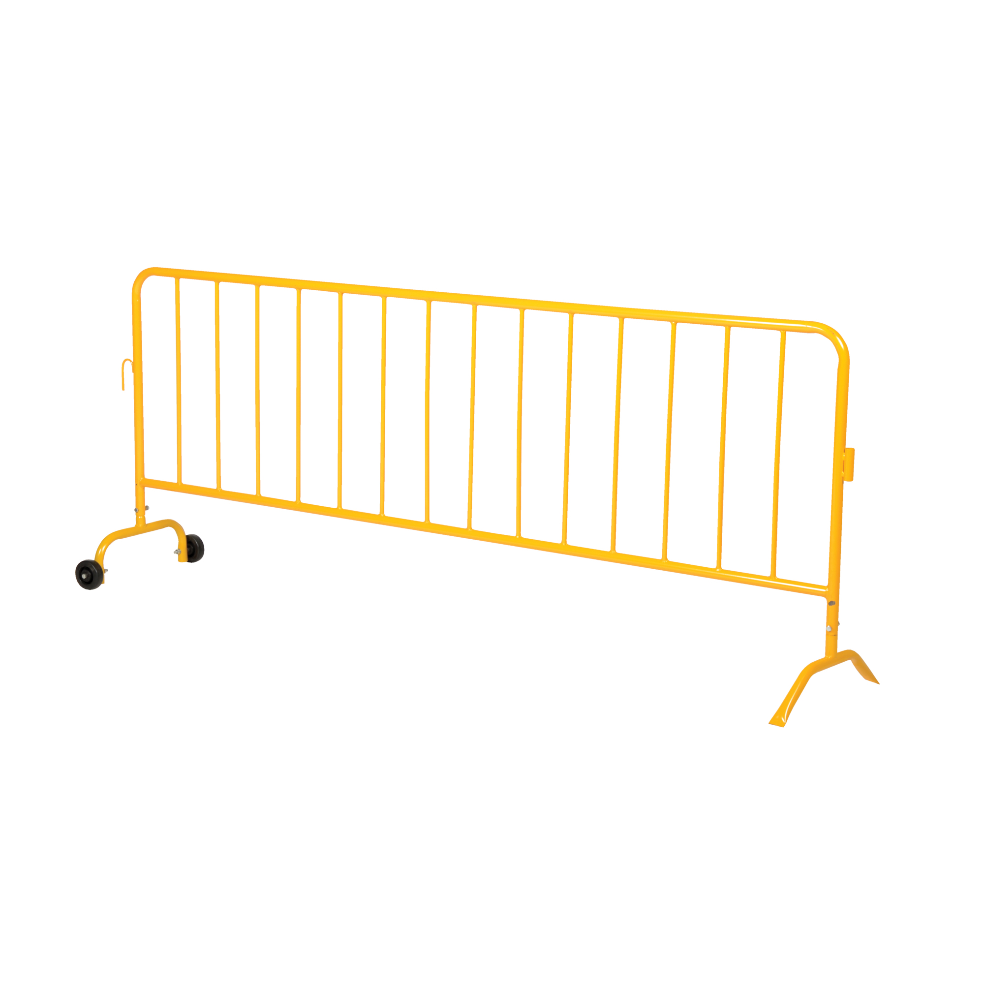 Vestil Steel Heavy Duty Crowd Control Interlocking Barrier with Feet (1) Wheeled (1) Curved 101-3/4 In. Length Yellow